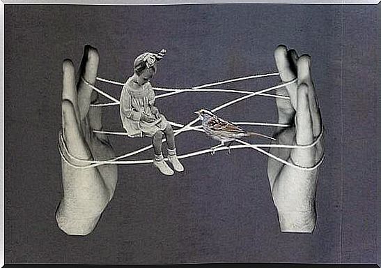 Hands Holding A String With A Girl And A Sparrow Sitting Tired Of All Those People Projecting Their Negativity Onto Others