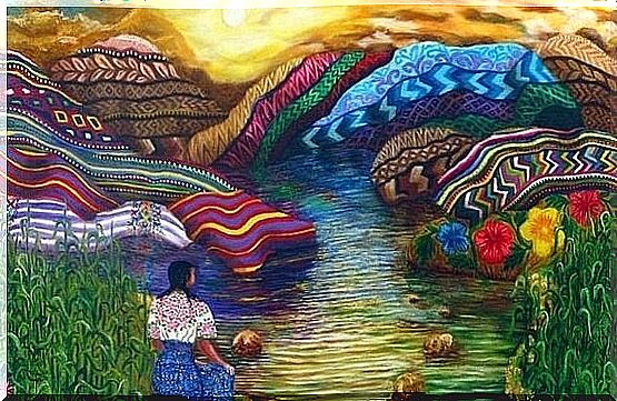 Toltec woman in colorful landscape