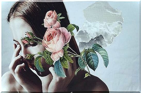 Girl holding roses in front of her face