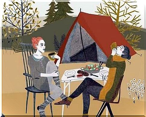 A drawing of a camping couple