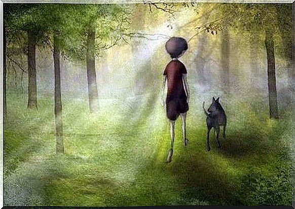 Little Boy Walking His Dog Through The Woods Before Going Over The Rainbow Bridge