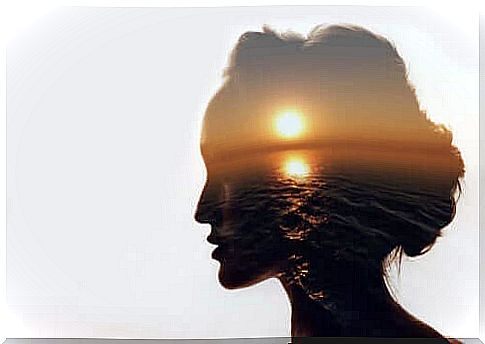 The silhouette of a woman with the sunset in it